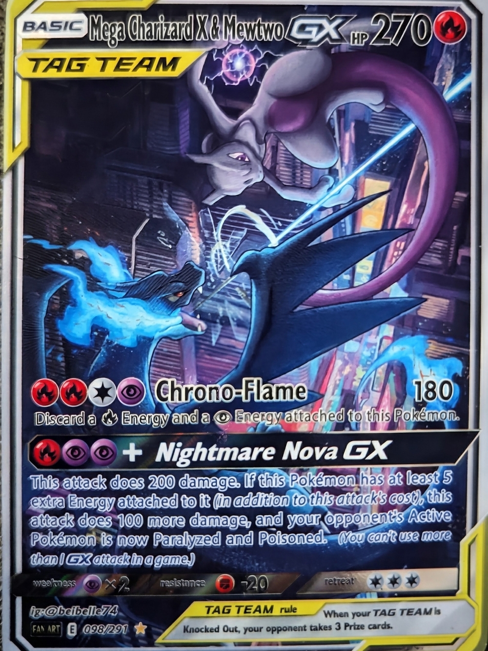 Mega Charizard X & Mewtwo GX Tag Team Card - Black, Purple, Blue